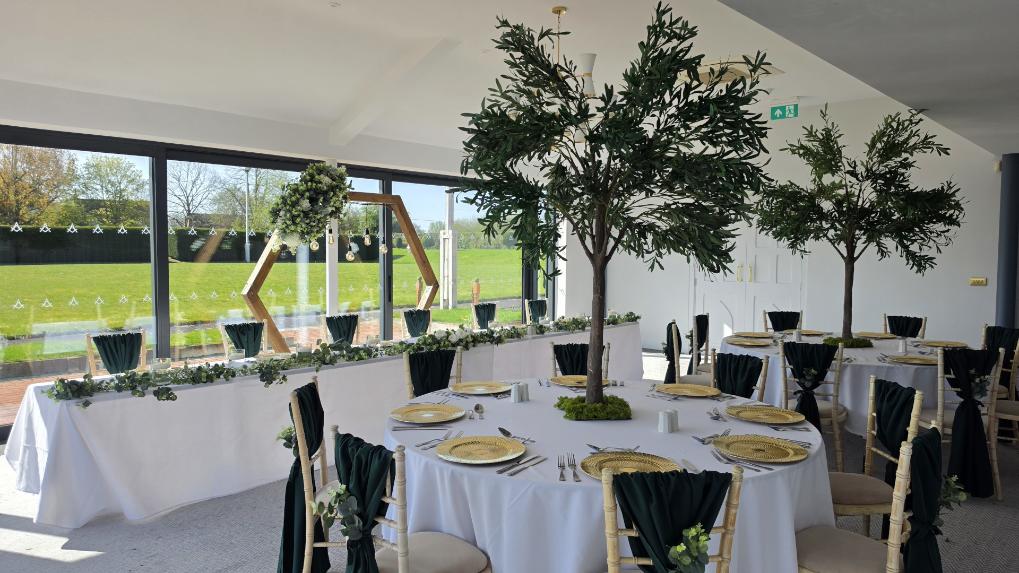 Cheshire View Intermate Wedding Breakfast Charger Plates Gold Forrest Green Olive Trees