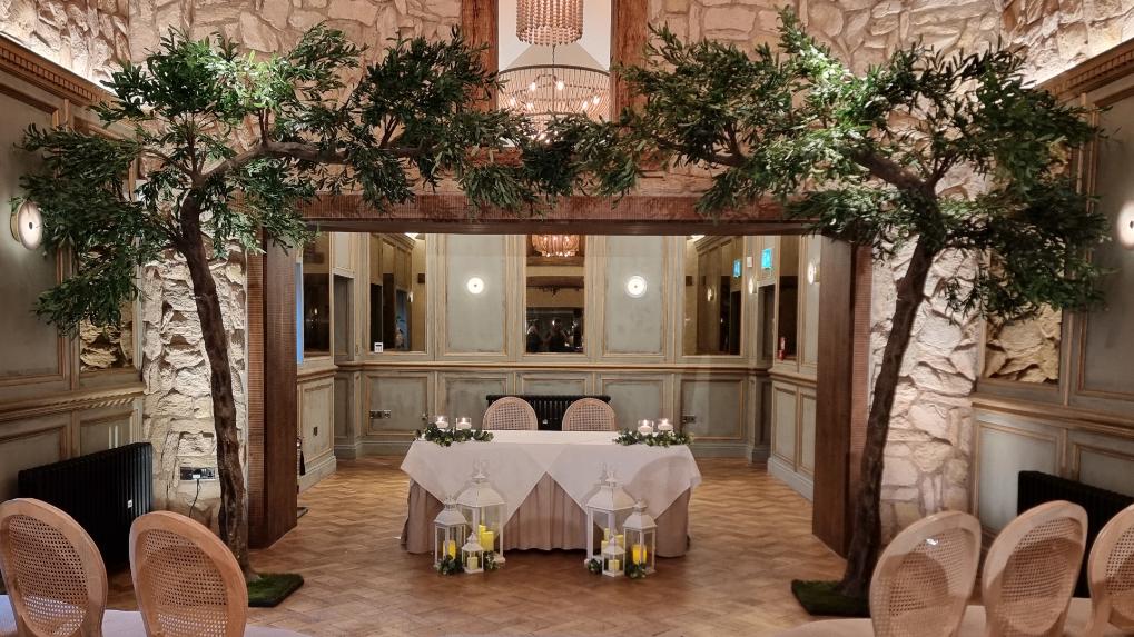 The Manor Wirral Ruscus Olive Canopy Trees Wedding Styling